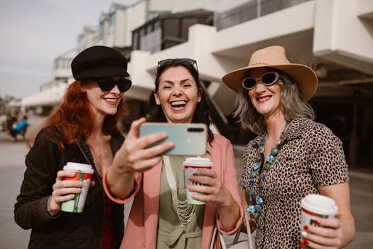 Three happy women taking a selfie outdoors